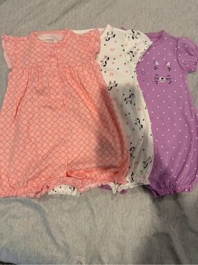 Simple Girls' 3-Pack Short Sleeve Cotton Pajama Rompers - Coral, White & Purple